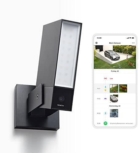 Netatmo Cámara de Vigilancia WiFi Exterior, Foco Integrado 12W, Video HD 1080p 4MP, Detección de Personas, Animales, vehículos, Visión Nocturna, Almacenamiento Local, sin Costo Adicional, NOC-AMZ
