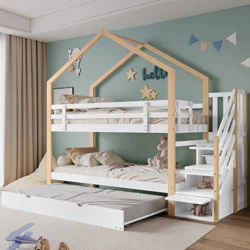 ZYLOYAL10 Våningssäng, utdragbar trädhussäng, trappa med 4 lådor, barnsäng med fallskydd och spjälskydd, med ribbotten, naturligt trä + vit (90 x 200 cm och 90 x 190 cm)