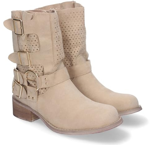 82481-Botines de Mujer con Tacon Bajo y Adornos de Hebillas, Cana Calada, Cremallera Lateral, Punta Redonda, Toda Ocasion. Talla 36 Beige