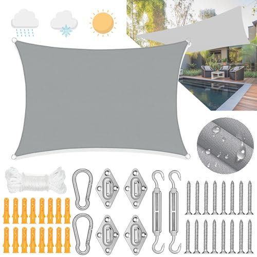 Sonnensegel 3x4m Rechteckig,Sonnensegel 3x4m Wasserdicht mit Ösen,Segeltuch wasserdicht mit sonnensegel Befestigung Set,UV-Schutz 98%,für Garten Terrasse Camping