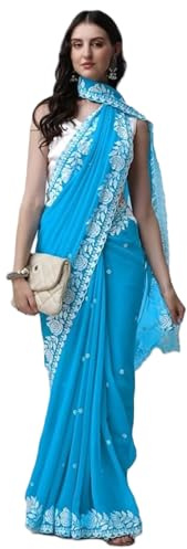 Estationeryhouse Kvinnors Georgette Broderad Kant Arbetsdesigner Saree med Blusbit, 5.50 mètres