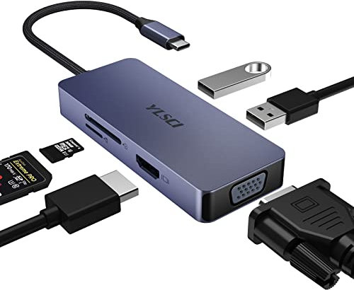 USB C Hub, YLSCI 6-in-1 USB-C Adapter mit 1 x HDMI Anschluss, 1 x VGA Anschluss, 2 x USB Anschlüssen, SD/TF-Kartenleser, Nahtlose Integration für Laptop, Smartphone, Tablet, XPS und mehr