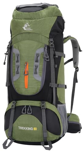 Bseash Sac à dos de randonnée imperméable 80 l avec housse de pluie, sac à dos léger pour sports de plein air, voyage, escalade, randonnée (vert militaire)
