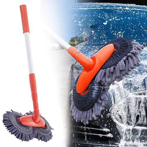 Car Wash Mop with Long Handle, Telescopic Rotating Car Mop, Car Wash Brush Car Cleaning Brush Tool, Double Head Windshield Cleaner Caravan Accessories for Car Washing/Mopping/Glass Cleaning