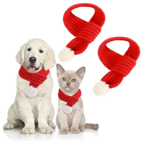 TUONYIS 2 Pezzi Sciarpa di Natale per Cani Gatto, Sciarpa di Babbo Natale Lavorata a Maglia per Animali Domestici Fazzoletto da Collo con Pompon per Vestire Natale Gatti Cani e Decorazioni (Grande)