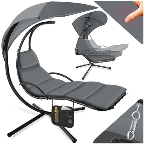 tectake® Hängeliege mit Gestell, Schwebeliege, Schwingliege mit Sonnendach, Schaukelliege, Hängesessel inkl. Tasche, Polsterauflage mit Kopfkissen, für Garten, Terrasse und Balkon - grau