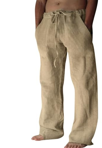 Puimentiua Cotton Linen Pants Men Casual Loose Fit Elastic Drawstring Waist Summer Beach Pants(Coffee,M)