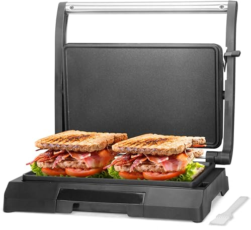 Baker's Friend Mini Panini Press Electric Griddle, 2 Slices of Panini Grill Press Sandwich Maker Press, Sandwichera Electrical for Pancakes & Eggs, Oil Tray, Non Stick Surfaces, Stainless Steel