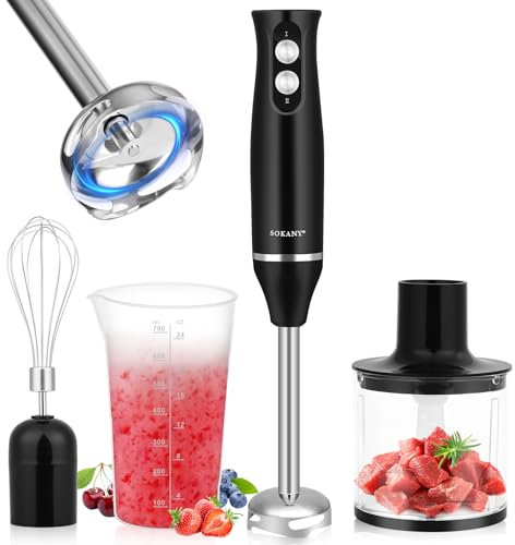 Lustlocke Batidora Mano MultifuncióN 4 en 1, Trituradora de Alimentos 500 W, 2 Velocidades Ajustables, con Batidor, Picadora de 500 ml y Vaso Medidor de 700 ml, para Papillas, Sopas, Salsas, Yogur