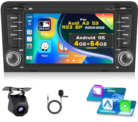[4G+64G] Inefala Android 15 bilstereo för Audi A3 S3 RS3 8P 2003-2012 med trådlös Carplay Android, 7-tums pekskärmsradio med GPS Navi WiFi RDS/FM Bluetooth EQ SWC backkamera mikrofon