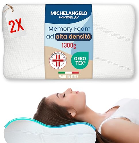 Michelangelo HomeRelax - COPPIA di Cuscini Doppia Onda Cervicale PREMIUM in Memory Foam 67x42x12, Made in Italy, DISPOSITIVO MEDICO, Ortopedico, Anallergico, Traspirante,Antirussamento,Federa lavabile