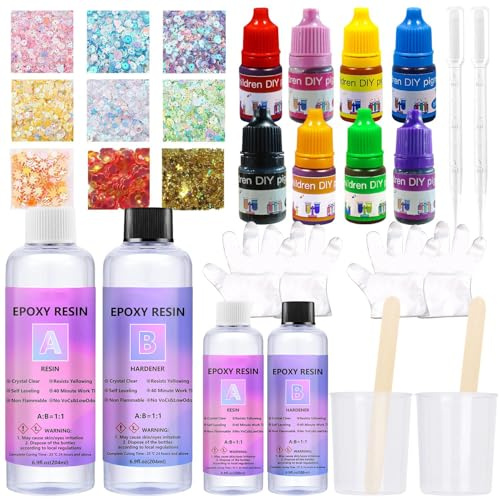 Resina Epossidica Trasparente,608ml Rapporto 1:1 Colla Resina Bicomponente Epoxy,Gli Accessori Includono Glitter, Misurino, Guanti,Adatto per la Creazione di Gioielli, Segnalibri e Portachiavi