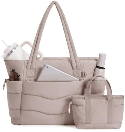 Bolso Tote Mujer Acolchado 2 Piezas, Bolso Shopper Grande con Compartimento para Ordenador 15.6 y Portabotellas Aislante 40oz, Ideal para Oficina, Universidad, Viaje y Uso Diario (Diseño Patentado)