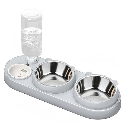Marchul Gamelle 3 en 1 pour chat, gamelle de nourriture et d'eau pour chat avec distributeur d'eau et bols en acier inoxydable, inclinée à 15°, trois bols surélevés pour chats d'intérieur, chiens de