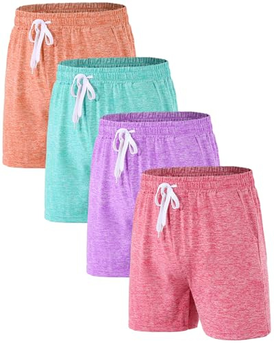 Mexholin 4 Pack Girls Sports Shorts with Pockets Girls Cycling Shorts Summer Casual Kids School PE Athletic Short for Gym Dance Running Orange/Green/Purple/Hot Pink XS
