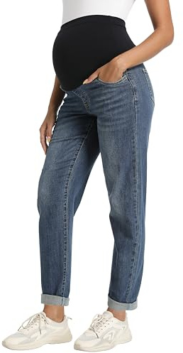 Foucome Women's Maternity Jeans Stretch Boyfriend Jeans Over Belly Loose Pregnancy Denim Pants, Vintage Blue Medium