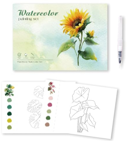 MSLSOZ Livre de coloriage aquarelle, 20 feuilles de motifs végétaux sans répétition avec pinceau aquarelle rechargeable, modèles finis – Idéal pour enfants/partenaires, débutants (21cm×14,5cm)