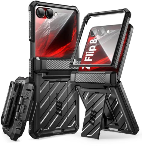 SUPCASE for Samsung Galaxy Z Flip 8 Case with 360 Rotating Belt Clip, Black | Built-in Kickstand, Front Screen Protector, Hinge Protection,Full Body Military-Grade Protection,Anti-Slip,Unicorn Beetle Pro