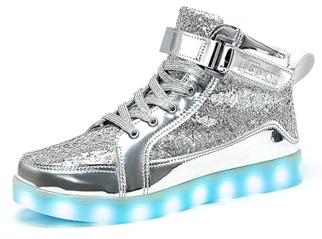 IGxx LED Light Up Shoes for Men USB Recharging High Top Sneakers Women Kids Glitter Silver 9.5