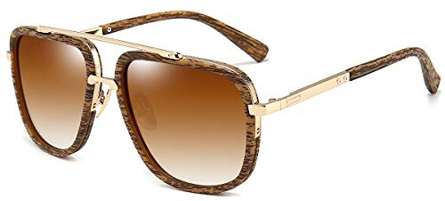 Dollger Lunettes de soleil carrées surdimensionnées pour hommes Femmes Pilot Shades Gold Frame Lunettes rétro (Cadre en bois doré/thé dégradé)