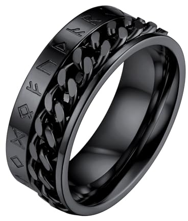 FaithHeart schwarz Panzerkette Fingerring mit Rune Symbol Punk Herren Jungen Spinnerring mit Kette Mittelring zum drehen Partnerring Ehering drehbarer Meditationsring
