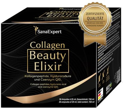 SanaExpert Collagen Beauty Elixir - Integratore per la Cura di Pelle, Capelli e Unghie - Collagene, Acido Ialuronico e Coenzima Q10-30 Fiale - Prodotto in Germania