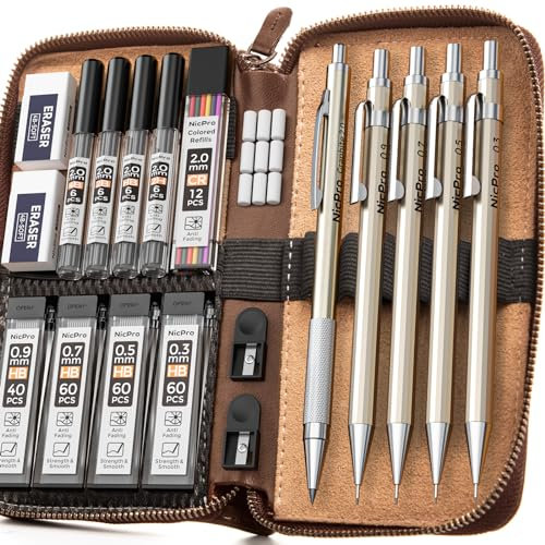 Nicpro 20 Stück Druckbleistift Set mit Lederetui, Metall Bleistifte 0,3 & 0,5 & 0,7 & 0,9 & 2 mm (4B 2B HB 2H)(Schwarz&Farben) Bleistiftminen, Radiergummis, Fallminenstift für Kunst Skizze Zeichnen