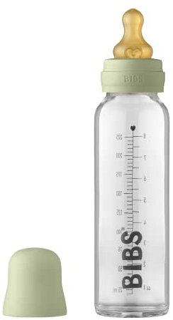 BIBS Baby Glass Bottle. Anti-Colic. Round Natural Rubber Latex Teat. Supports Natural Breastfeeding, Complete Set - 225 ml, Sage