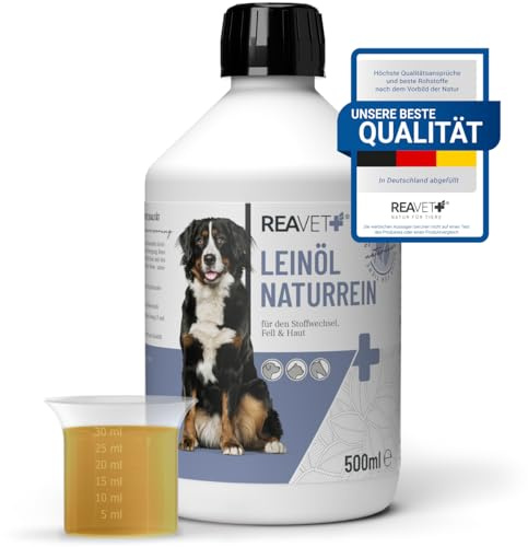 ReaVET Huile de Lin Chiens 500 ML, Pressée à Froid, Qualité Premium, Riche en Oméga 3 & 6, Barf Additif Chiens & Chats, Barf Additif Chien