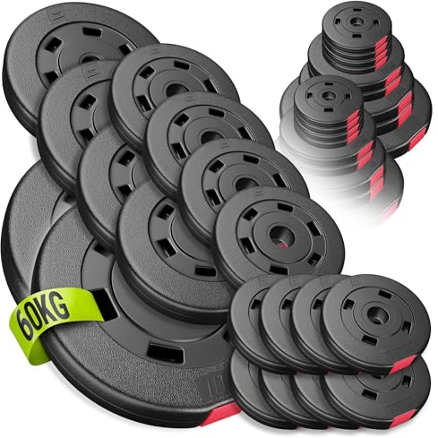 HOP-SPORT® Disques de Poids en Plastique 60 kg, alésage 31 mm, pour Barre d'haltères 30 mm, Poids 60 kg, Disques d'haltères Entraînement Haltérophilie et Musculation (2x10, 4x5, 4x2,5, 8x1,25 kg)