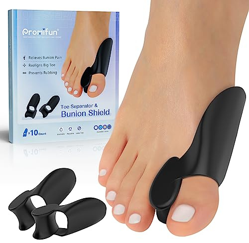 Promifun Bunion Cushion Protector, 10 Packs of Bunion Corrector Pads with Separator for Big Toe, Gel Shield for Foot Pain Relief, Calluses, Corns - Black