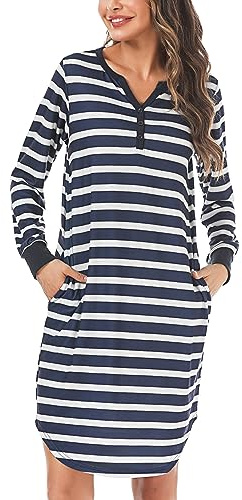 Nieery Camicia Notte Manica Lunga Donna Cotone Bottoni e Scollo a V Camicia da Notte Invernale a Righe con Tasche Stile C M
