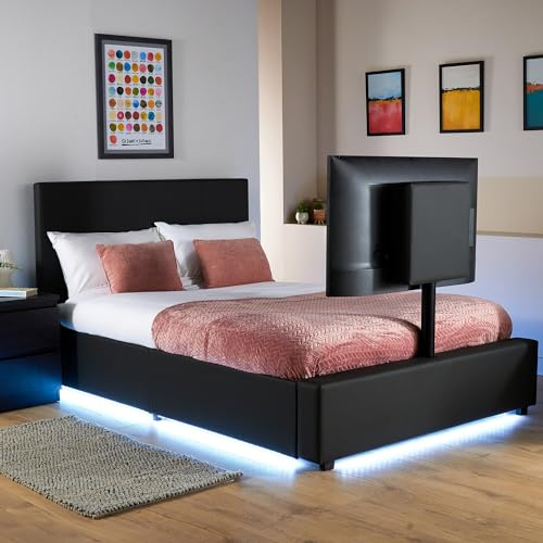 X-Rocker AVA Leather TV Bed with Rotating TV Mount 55, Storage and Cable Management, Ambient Underbed RGB LED Lighting Double 4ft6 Low Sleeper Bedstead, Upholstered Leather Frame XR LIVING - BLACK