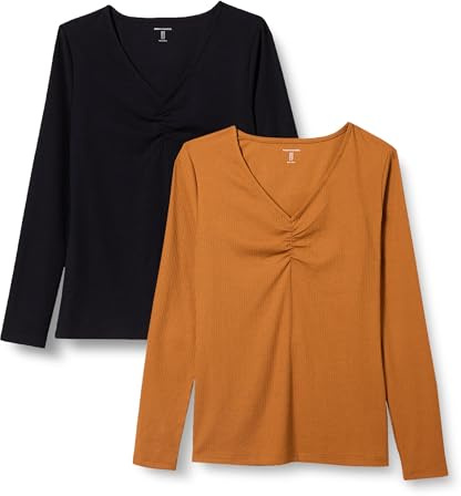 Amazon Essentials T-shirt cintré en tricot côtelé à manches longues et col en V Femme, Lot de 2, Noir/Caramel, M