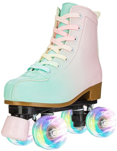 MEIGLQEA Roller Skates for Girls and Women, Cozy PU Leather Gradient Color Skates with Flash Wheels, Indoor Outdoor Skates for Beginner (32-Youth 1)