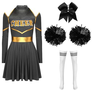 JanJean Damen Cheer Leader Kostüm Langarm Tanzkleid mit Pompoms Haarband Cheerleading Uniform Schulmädchen Outfit Karnaval Fasching Kostüm T Schwarzweiß M
