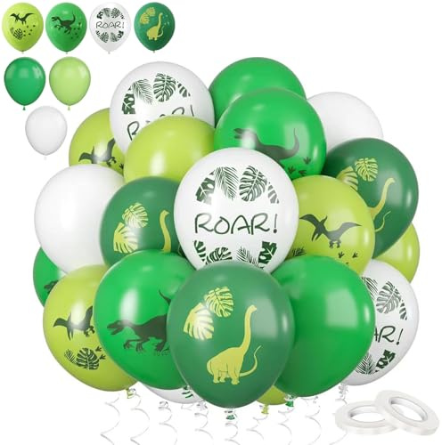 60-pack 30 cm vita gröna dinosaurieballonger, tjocka latexparty dino tryck djungel safari ballonger helium ballonger för barn pojkar födelsedag djungel safari dinosaurie tema festtillbehör
