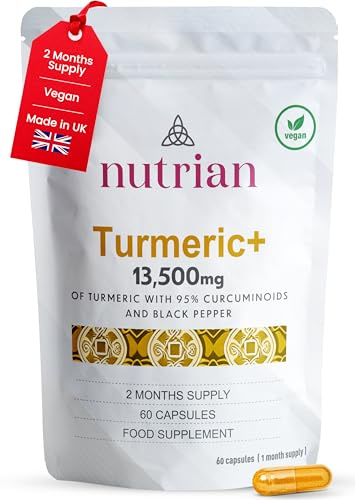 Nutrian Turmeric Curcumin Capsules with Black Pepper – 95% Curcuminoids, High Strength Joint Support Supplement for Men & Women, Equivalent to 13,500 mg, Made in UK, 60 Capsules