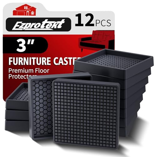 Furniture Coasters - 3x3 Non Slip Furniture Pads for Hardwoods Floors, 12 PCS Round Rubber Non Skid Furniture Caster Cups, Anti Slide Furniture Feet Floor Protectors for Bed Couch Stoppers (Black)