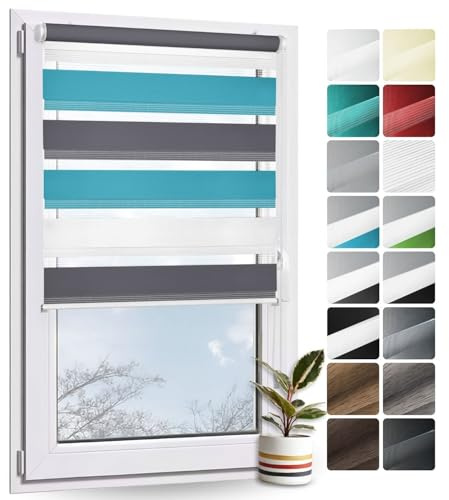Rollmayer Doppelrollo Klemmfix ohne Bohren Klemmrollo Fensterrollo (Weiß Grau Blau 85 x 130 cm BxH) Duo Rollo Sonnenschutzrollo Zebrarollo Seitenzugrollo für Fenster und Tür