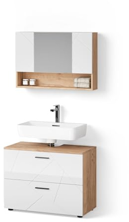 Livinity Set di mobili da bagno Ronco, Bianco lucido/oro power oak, 2 parti, mobile base 80 cm