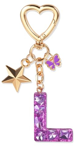 JSRQT Porte Clef Personnalisable Violet Pendentif Papillon L Porte-Clés Bijoux de Sac Porte Clé Original Personnalisables pour Fille Femme Cadeaux Initiale Lettres Keychain en Résine pour Sac à Main