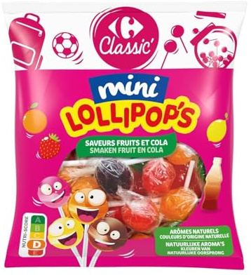CARREFOUR CLASSIC' – Bonbons Sucette Saveurs Fruits et Cola, Plaisir Acidulé à Croquer (Sachet 180g) - lot de 4 - Vendu par Lot