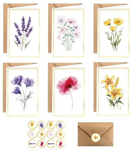 Blank Cards and Envelopes – 24 Pack Floral Blank Greeting Cards with Envelopes & Stickers, 6 Elegant Flower Designs, Gold Frame Stationery Set for Thank You Notes, Wedding, Birthday & Invitations