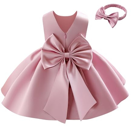 Miipat Klänningar för flickor Satin, Blomsterklänning Bröllop, Rosettknut V-rygg, Formell Prinsessa, Födelsedagsklänning, Barnklänning, dopklänning för flickor, 6 månader - 4 år | Stor bowknot, ärmlös V-rygg, A-linje, dragkedja, prinsessan formell födelsedag dopfest för flickor 6 månader-4 år