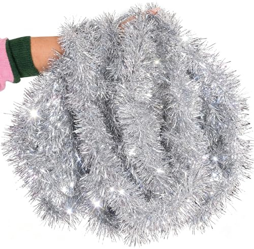 10m Silver Chunky Tinsel – 10 Metres Sparkly Xmas Garland for Christmas Tree Decorations, Home & Office Christmas Décor UK