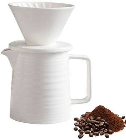 Pasdrucn 500ml Kaffeefilter Porzellan Mit Tasse, Klein Pour Over Kaffeebereiter Mit Keramikbecher, Kaffeekanne Mit Filter, Pour Over Kaffee-Tropfer, Kaffeefilter Wiederverwendbar (Weiß)