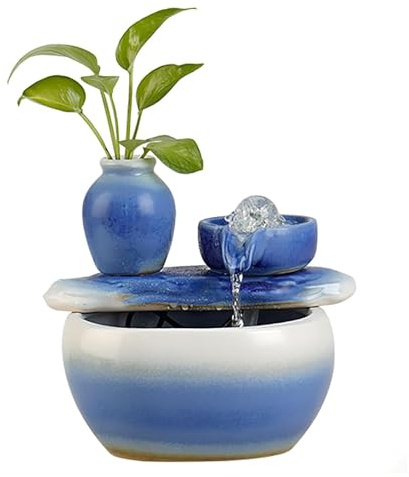 Fuente de Mesa cerámica con Degradado Azul, pequeña Fuente Interior, Relajante for el hogar, la Oficina, Sala Estar y Escritorio(B)