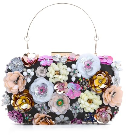 EVEOUT 3D Blommig Clutch Elegant Kristall Nattväska Med Handtag Och Kedja För Bröllop Party Dans, svart
