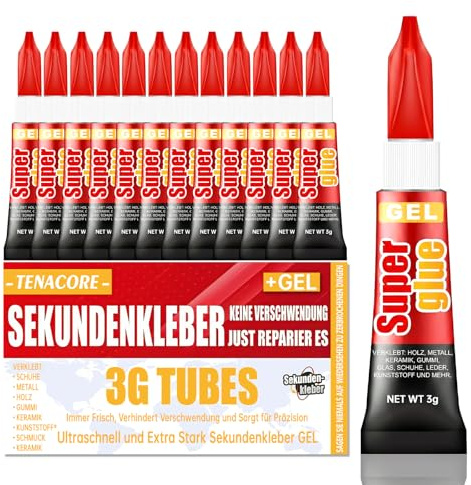 Tenacore 12 Stück Sekundenkleber Gel, Sekundenkleber Extra Stark, Alleskleber, Superkleber, Transparent Kontakt Kleber für Kunststoff, Holz, Porzellan, Glas uvm